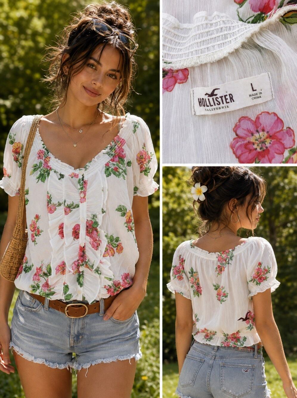 Y2K Indie 00s Hollister Floral Peasant Blouse Size L White Pink Boho Puff Sleeve